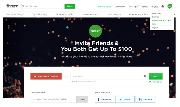 Fiverr referral program voucher campaign