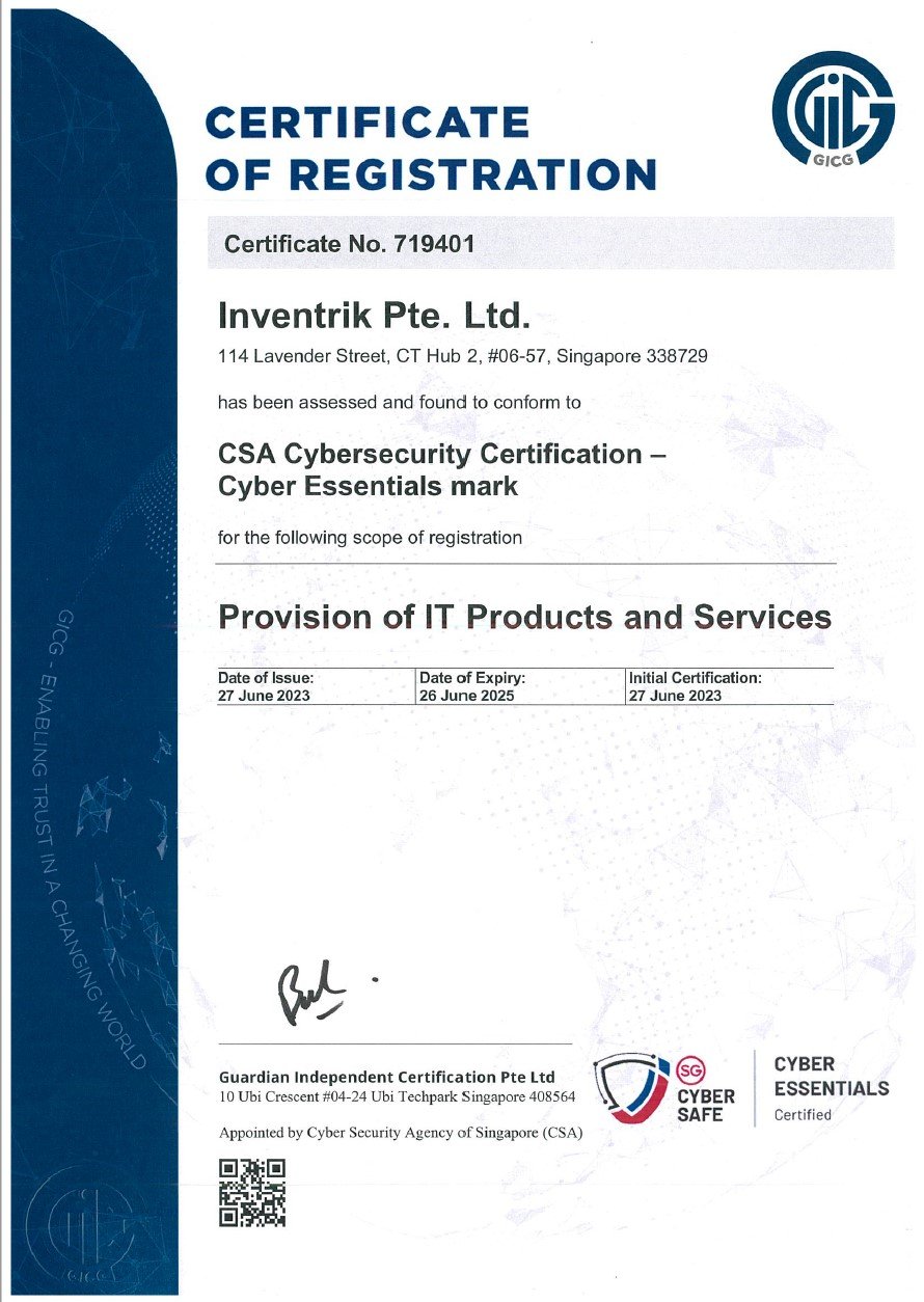 Inventrik Is Cyber Security Certified Cyber Essential Mark: CSA